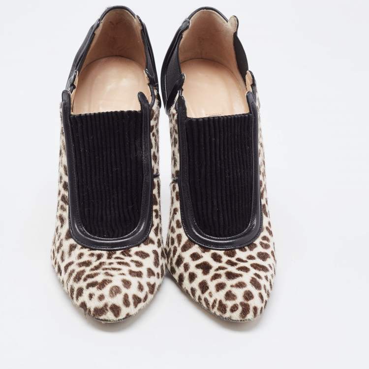Pre Owned Manolo Blahnik Tricolor Animal Print Calf Hair and Leather Ankle Booties Size 37.5