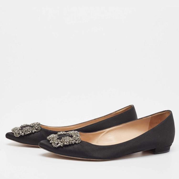 Pre Owned Manolo Blahnik Black Satin Hangisi Ballet Flats Size 36