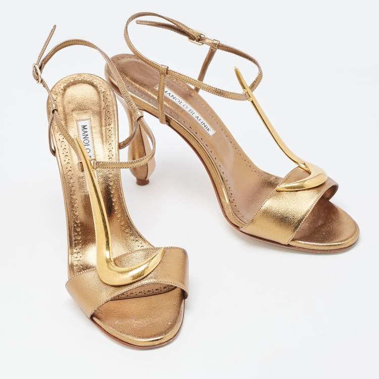 Pre Owned Manolo Blahnik Metallic Leather Ankle Strap Sandals Size 39