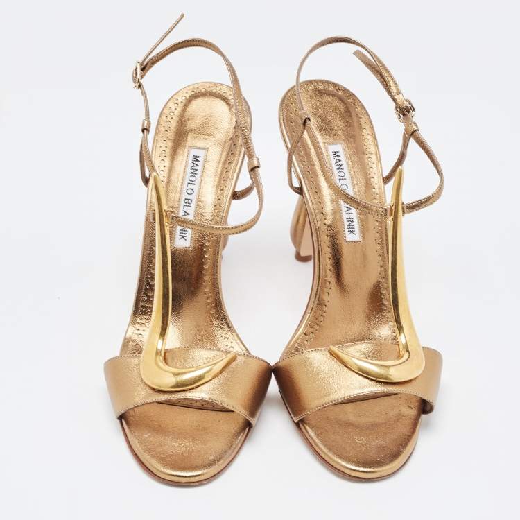 Pre Owned Manolo Blahnik Metallic Leather Ankle Strap Sandals Size 39
