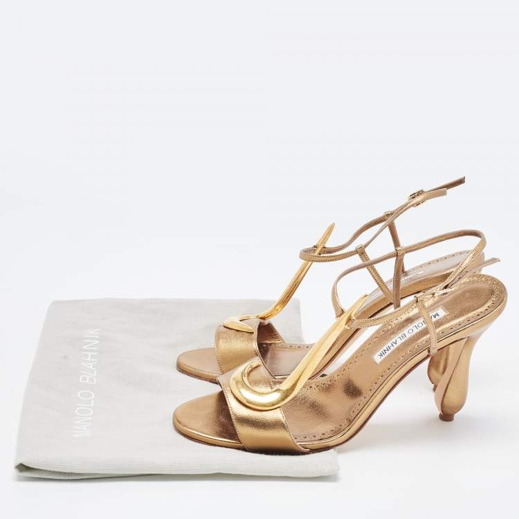 Pre Owned Manolo Blahnik Metallic Leather Ankle Strap Sandals Size 39