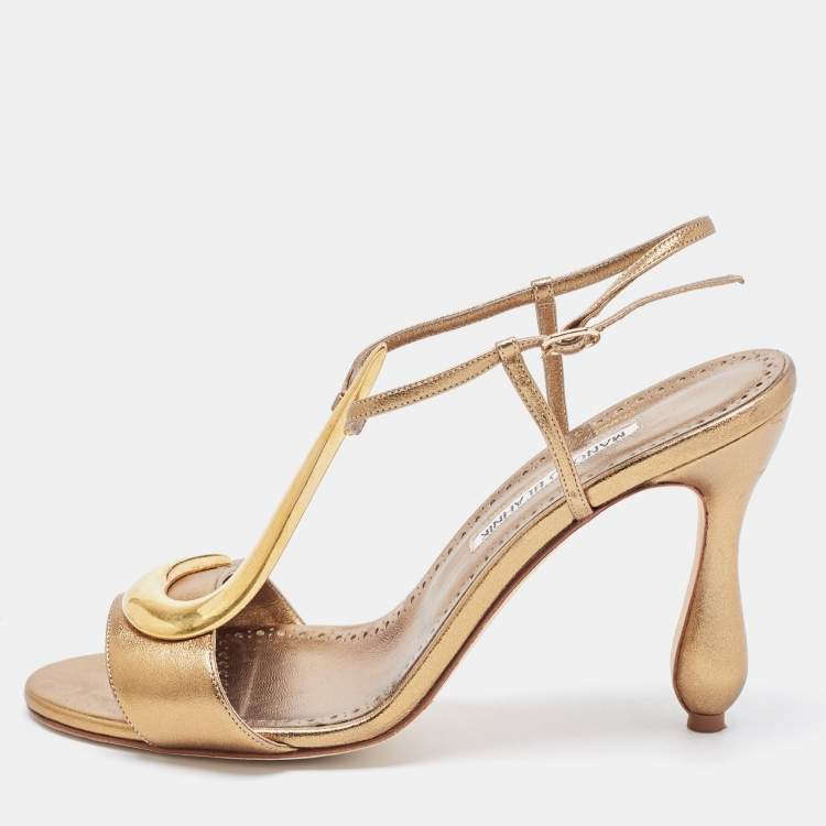 Pre Owned Manolo Blahnik Metallic Leather Ankle Strap Sandals Size 39