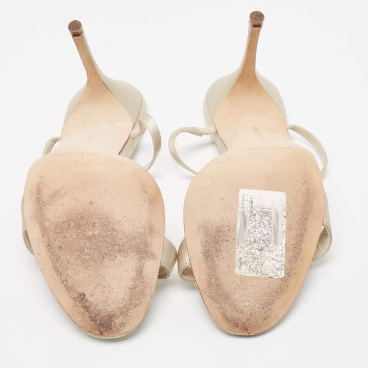 Pre Owned Manolo Blahnik Cream/Off-White Satin and Leather Eridania Sandals Size 39