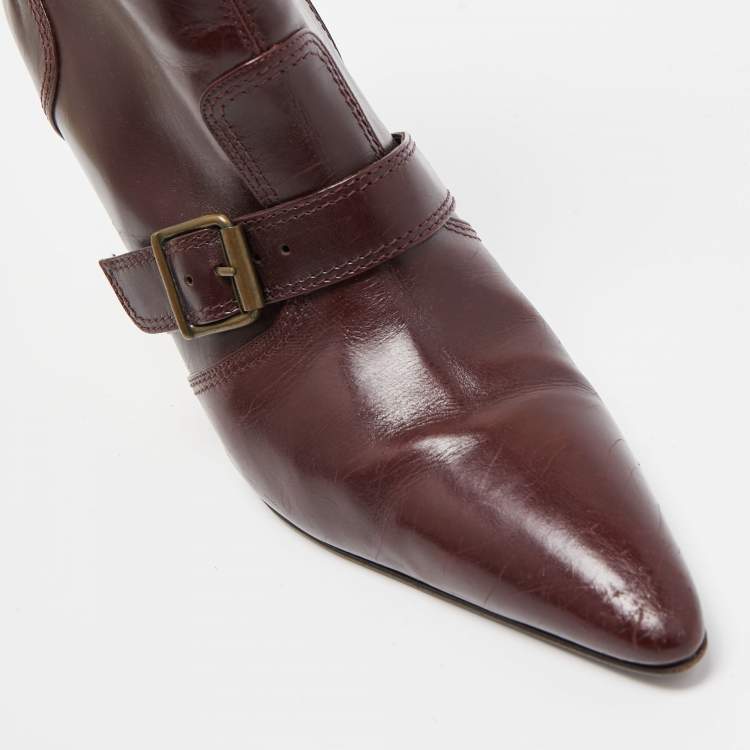 Pre Owned Manolo Blahnik Burgundy Leather Ankle Boots Size 37.5