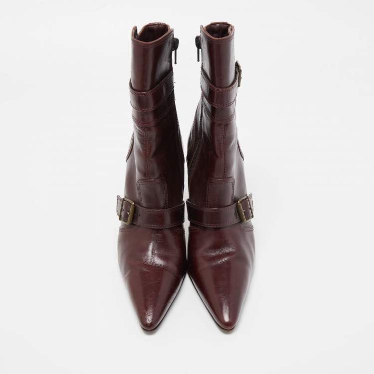 Pre Owned Manolo Blahnik Burgundy Leather Ankle Boots Size 37.5