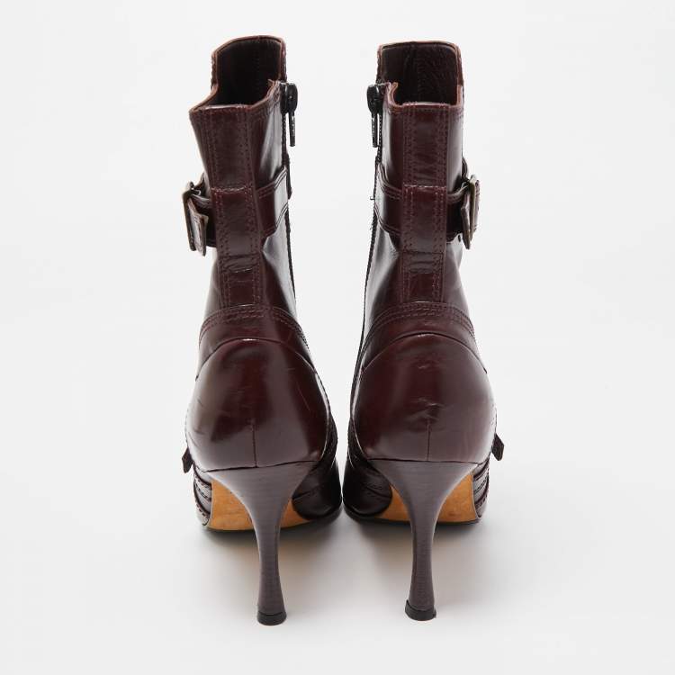 Pre Owned Manolo Blahnik Burgundy Leather Ankle Boots Size 37.5