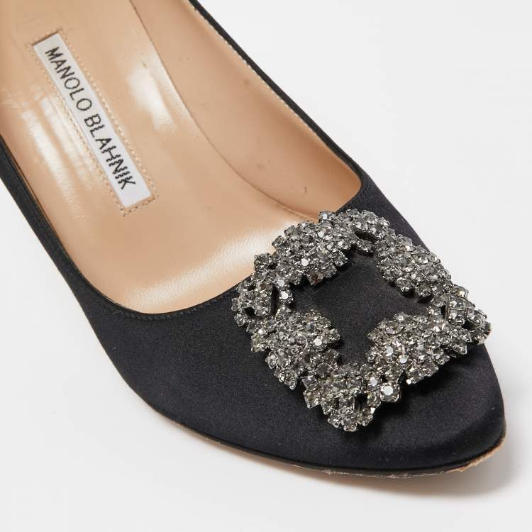 Pre Owned Manolo Blahnik Black Satin Hangisi Pumps Size 38.5