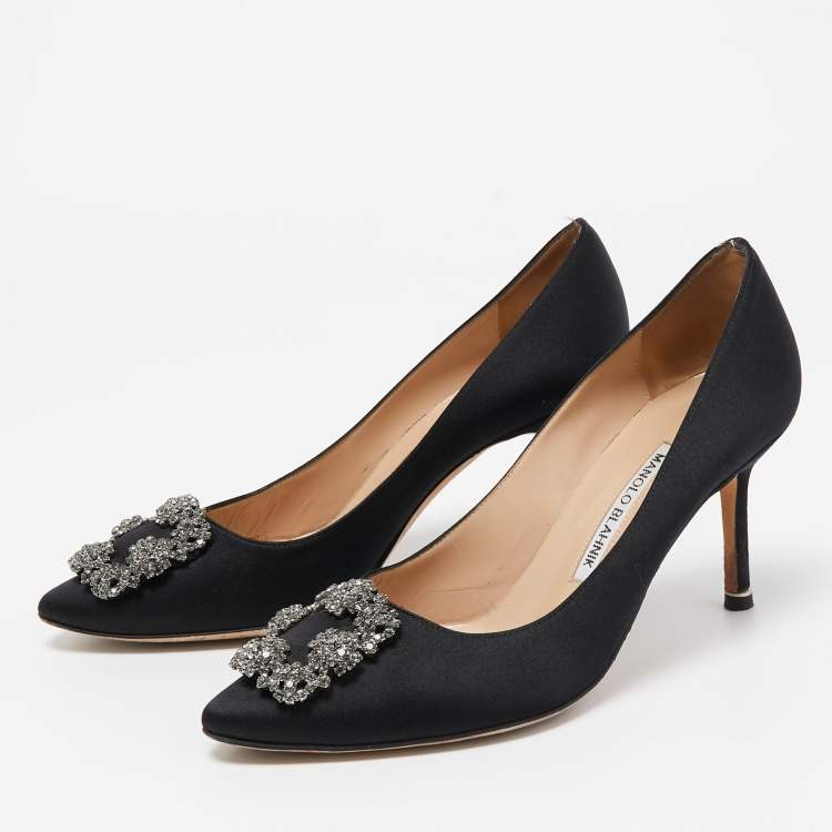Pre Owned Manolo Blahnik Black Satin Hangisi Pumps Size 38.5