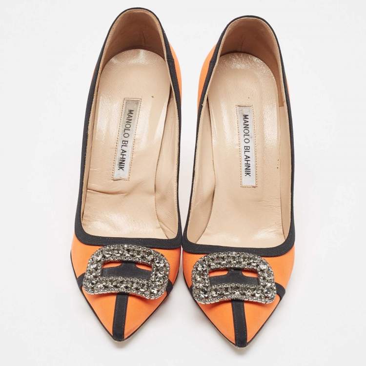 Pre Owned Manolo Blahnik Orange/Black Fabric Gotrian Pumps Size 39.5