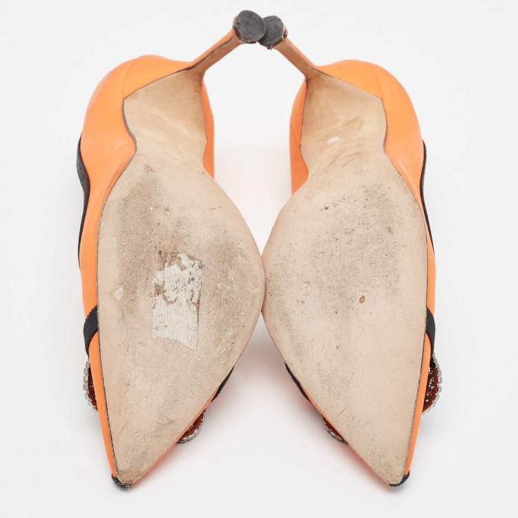 Pre Owned Manolo Blahnik Orange/Black Fabric Gotrian Pumps Size 39.5