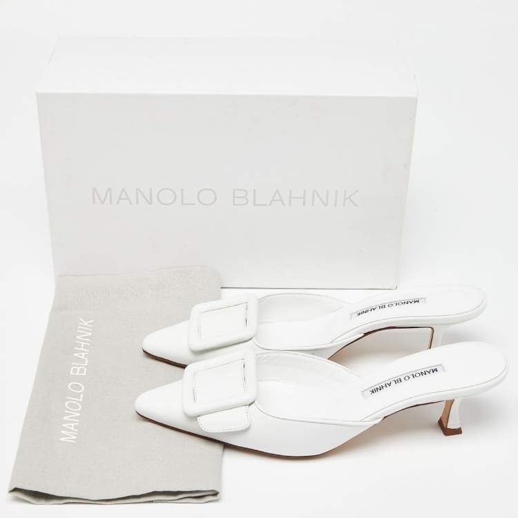 Pre Owned Manolo Blahnik White Leather Maysale Mules Size 38