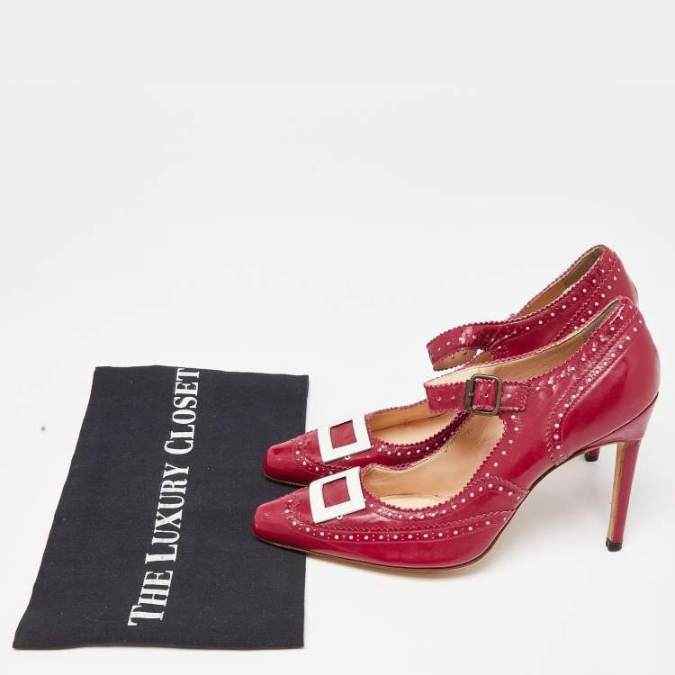 Pre Owned Manolo Blahnik Pink Patent Leather Mary Jane Pumps Size 36.5