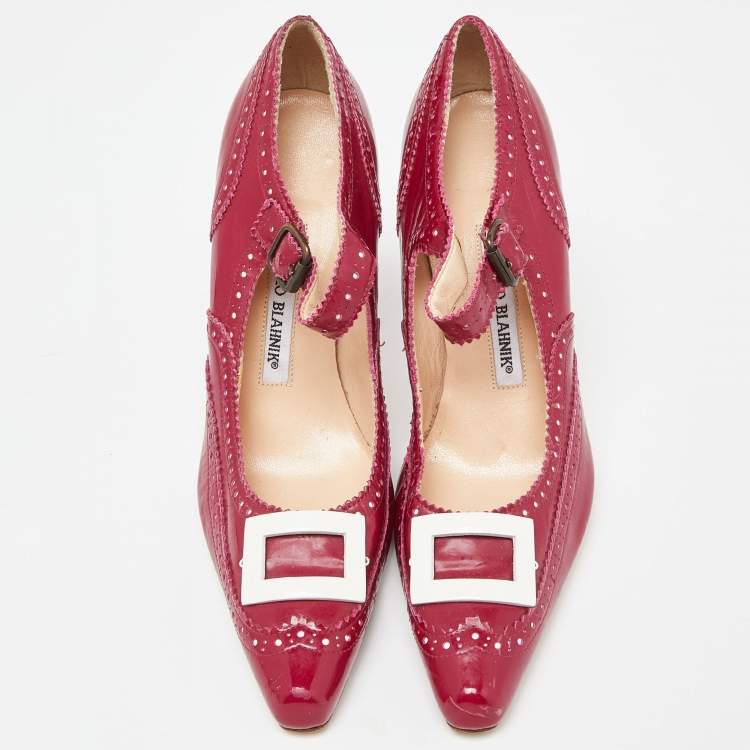 Pre Owned Manolo Blahnik Pink Patent Leather Mary Jane Pumps Size 36.5