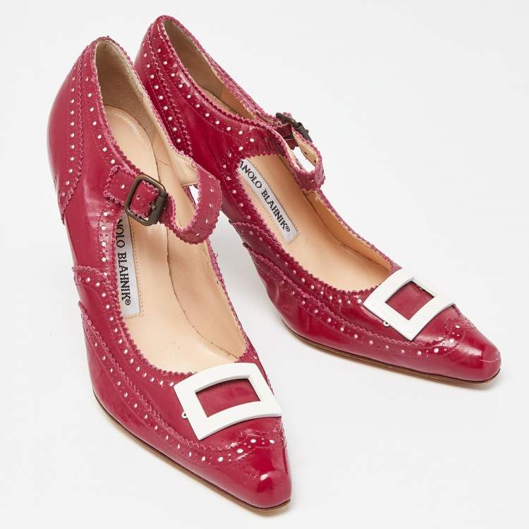 Pre Owned Manolo Blahnik Pink Patent Leather Mary Jane Pumps Size 36.5
