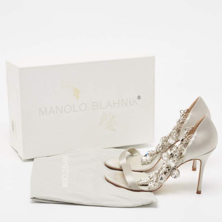 Pre Owned Manolo Blahnik Silver Satin Crystal Embellished Ankle Strap Sandals Size 37