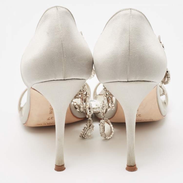 Pre Owned Manolo Blahnik Silver Satin Crystal Embellished Ankle Strap Sandals Size 37