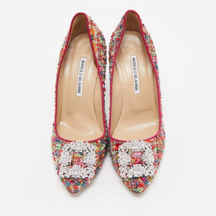 Pre Owned Manolo Blahnik Multicolor Tweed Hangisi Pumps Size 38.5