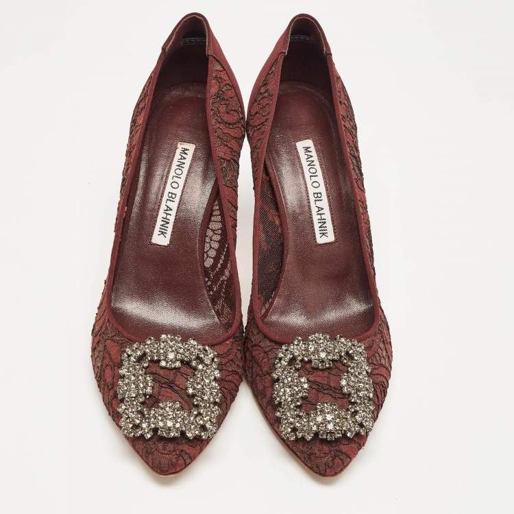 Pre Owned Manolo Blahnik Burgundy Lace and Mesh Hangisi Pointed Toe Pumps Size 36