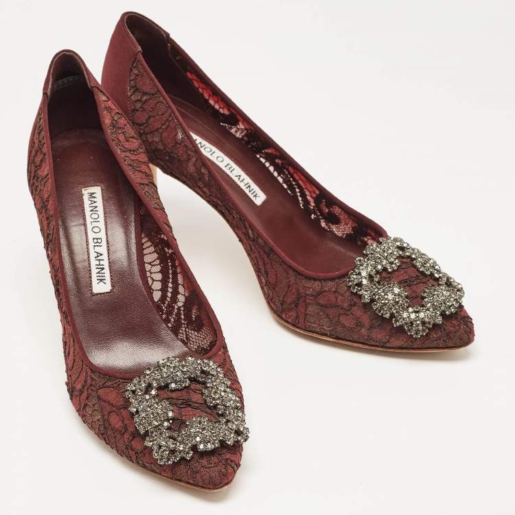 Pre Owned Manolo Blahnik Burgundy Lace and Mesh Hangisi Pointed Toe Pumps Size 36