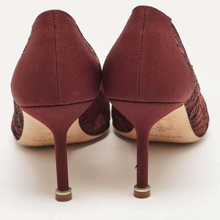 Pre Owned Manolo Blahnik Burgundy Lace and Mesh Hangisi Pointed Toe Pumps Size 36