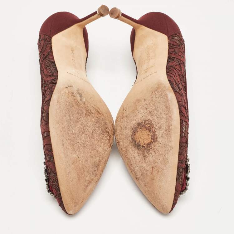 Pre Owned Manolo Blahnik Burgundy Lace and Mesh Hangisi Pointed Toe Pumps Size 36
