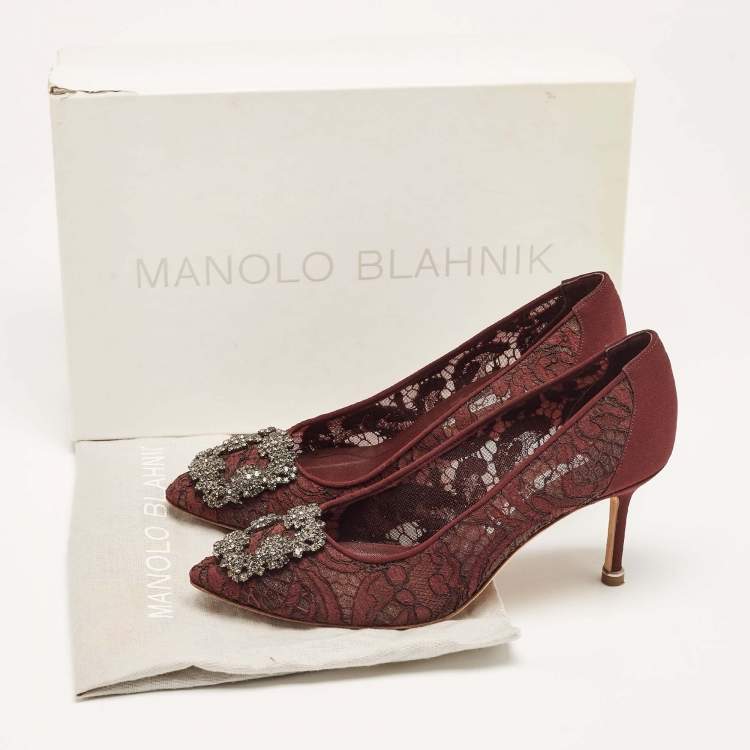Pre Owned Manolo Blahnik Burgundy Lace and Mesh Hangisi Pointed Toe Pumps Size 36