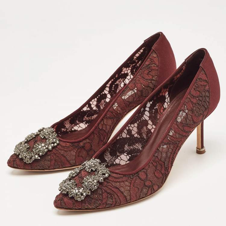 Pre Owned Manolo Blahnik Burgundy Lace and Mesh Hangisi Pointed Toe Pumps Size 36