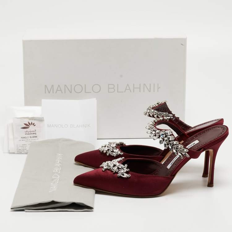 Pre Owned Manolo Blahnik Burgundy Satin Crystal Embellished Lurum Mules Size 38