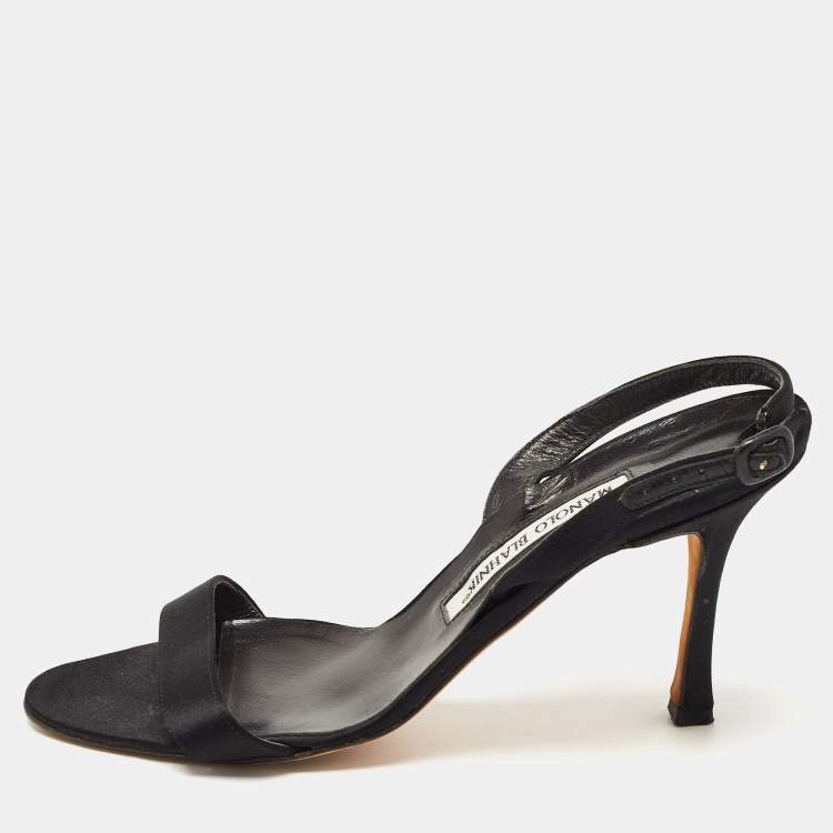 Pre Owned Manolo Blahnik Black Satin Slingback Sandals Size 37.5