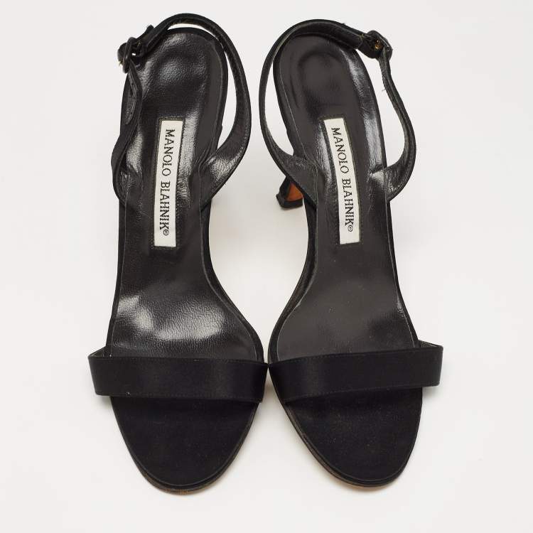 Pre Owned Manolo Blahnik Black Satin Slingback Sandals Size 37.5