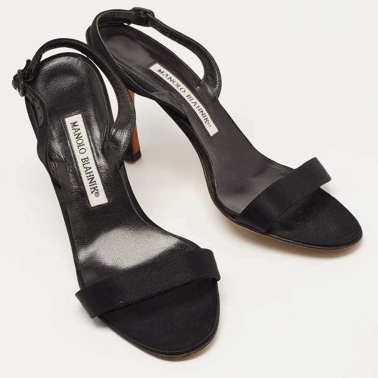 Pre Owned Manolo Blahnik Black Satin Slingback Sandals Size 37.5