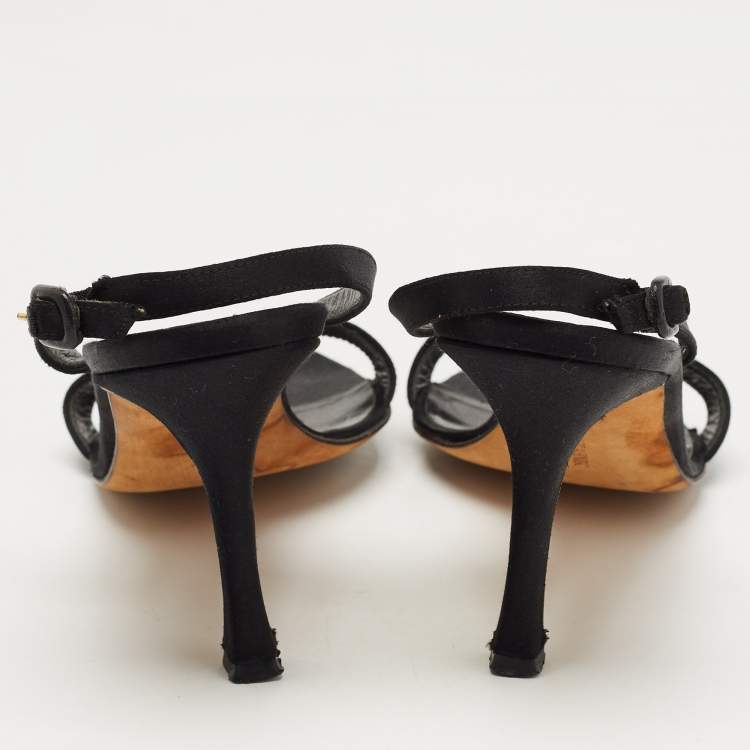 Pre Owned Manolo Blahnik Black Satin Slingback Sandals Size 37.5