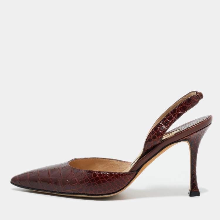 Pre Owned Manolo Blahnik Brown Croc Embossed Leather Slingback Pumps Size 35.5