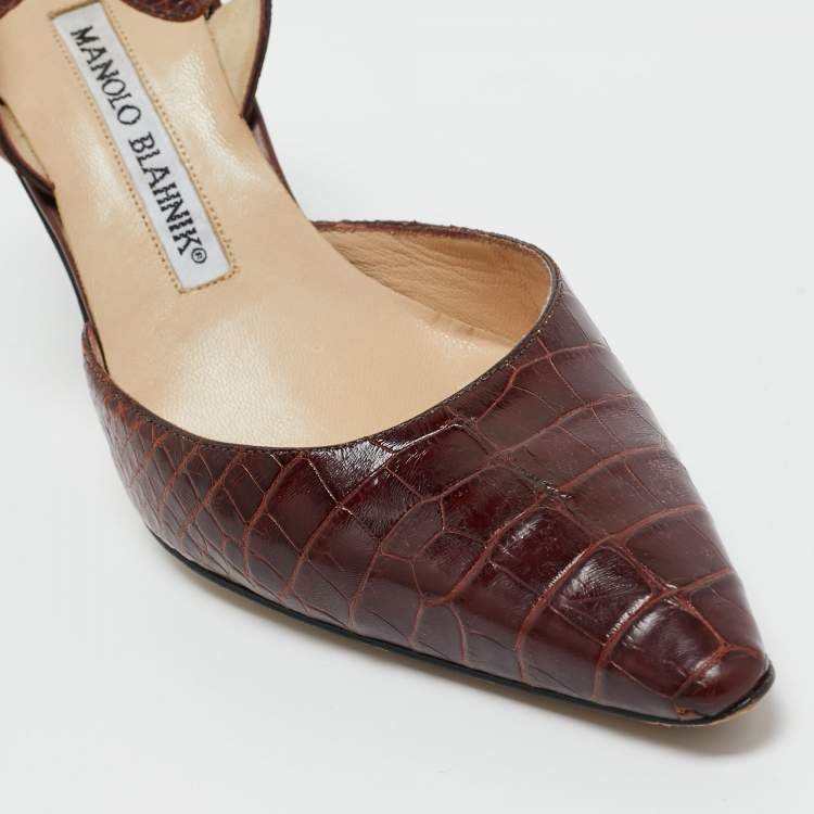 Pre Owned Manolo Blahnik Brown Croc Embossed Leather Slingback Pumps Size 35.5