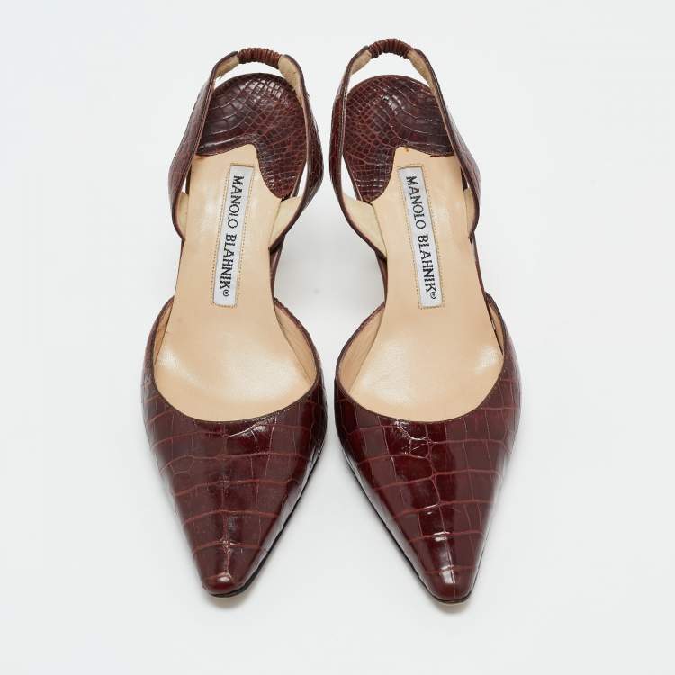 Pre Owned Manolo Blahnik Brown Croc Embossed Leather Slingback Pumps Size 35.5
