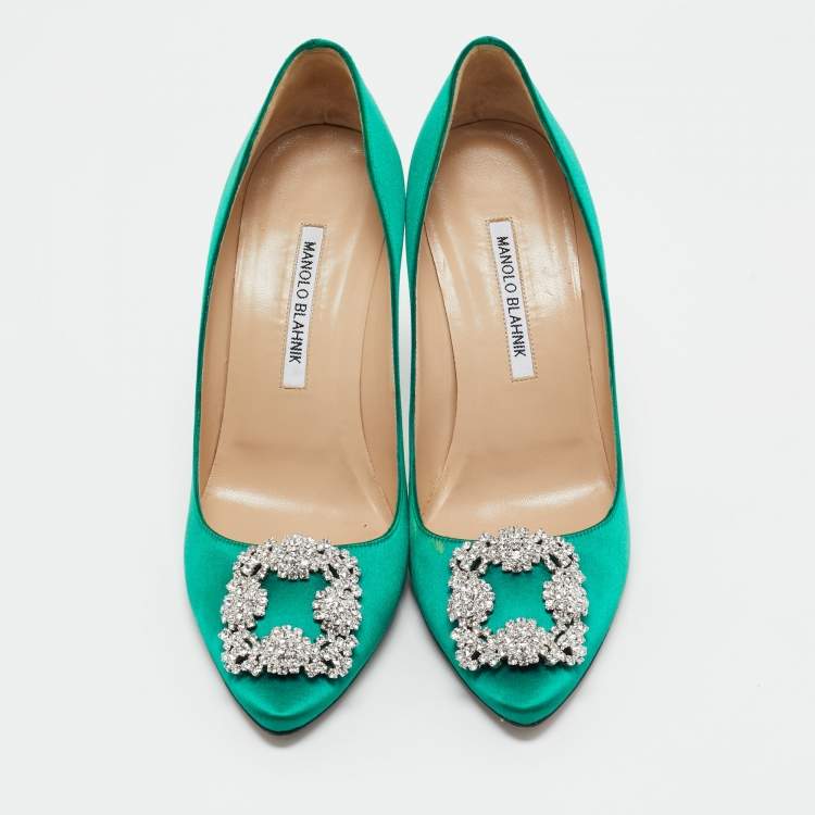 Pre Owned Manolo Blahnik Green Satin Hangisi Pumps Size 39