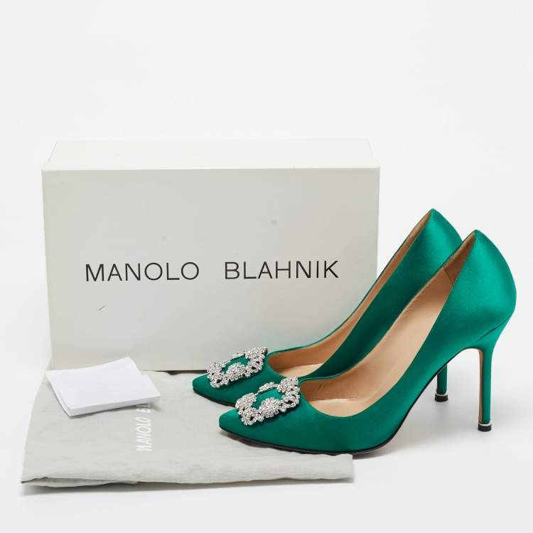 Pre Owned Manolo Blahnik Green Satin Hangisi Pumps Size 39