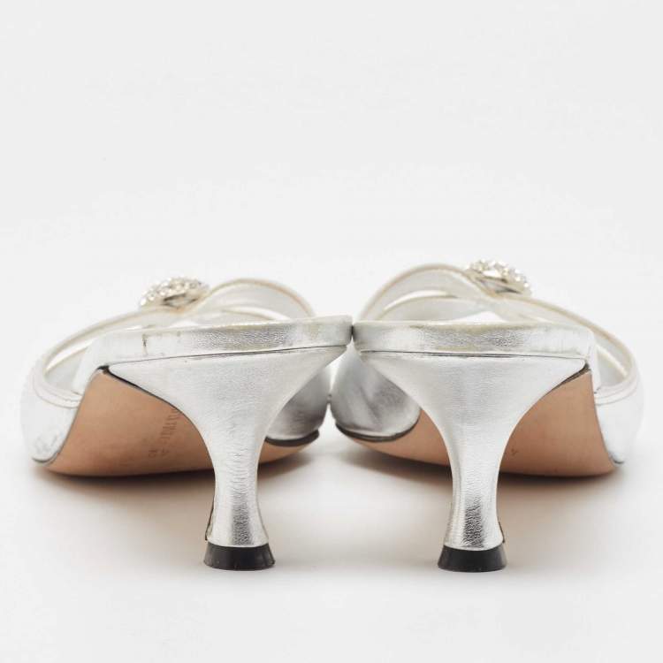 Pre Owned Manolo Blahnik Metallic Silver Leather Crystal Embellished Slide Sandals Size 42