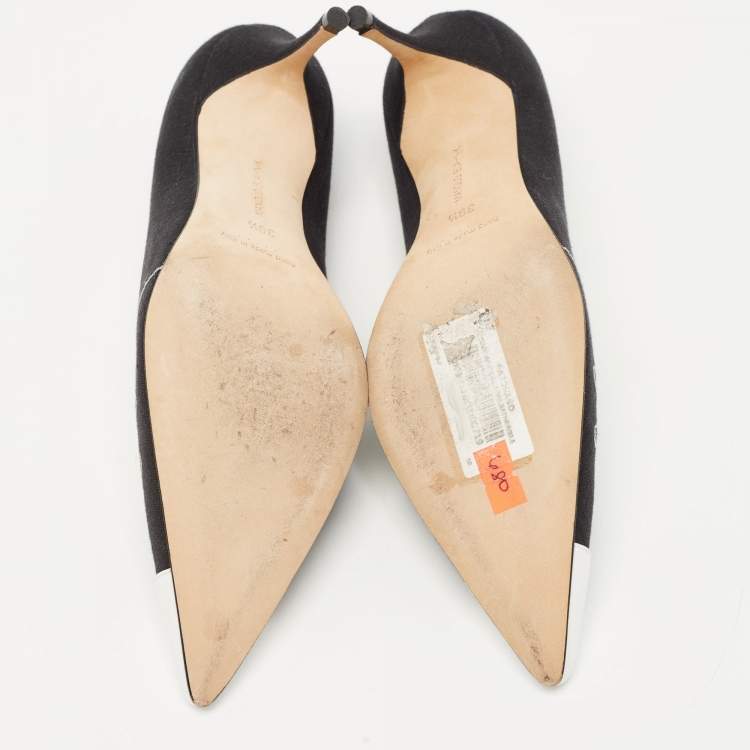 Pre Owned Manolo Blahnik Black/White Canvas And Leather Pointed Toe Pumps Size 39.5