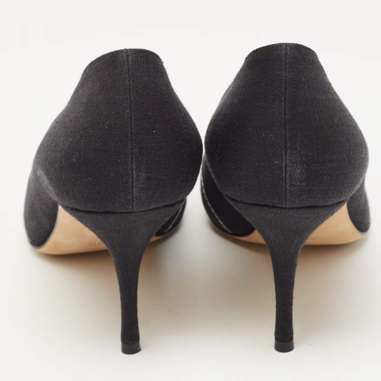 Pre Owned Manolo Blahnik Black/White Canvas And Leather Pointed Toe Pumps Size 39.5