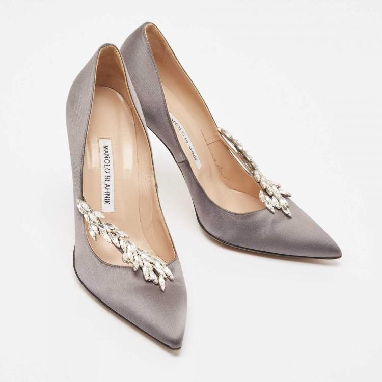 Pre Owned Manolo Blahnik Grey Satin Nadira Pumps Size 38