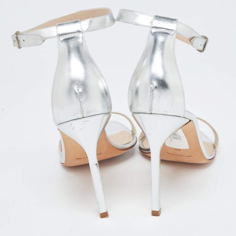 Pre Owned Manolo Blahnik Silver Leather Chaos Ankle Strap Sandals Size 40