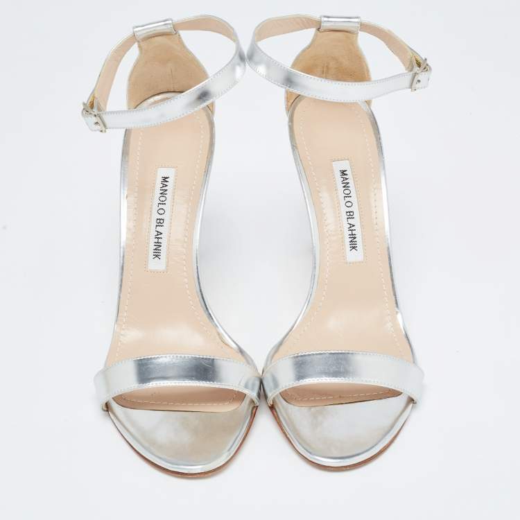 Pre Owned Manolo Blahnik Silver Leather Chaos Ankle Strap Sandals Size 40