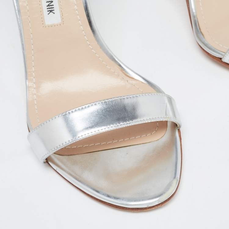Pre Owned Manolo Blahnik Silver Leather Chaos Ankle Strap Sandals Size 40