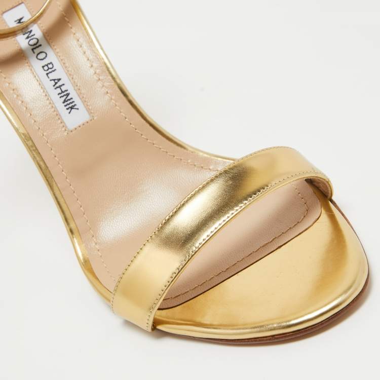 Pre Owned Manolo Blahnik Gold Leather Ankle Strap Sandals Size  40