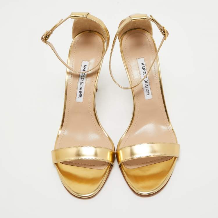 Pre Owned Manolo Blahnik Gold Leather Ankle Strap Sandals Size  40