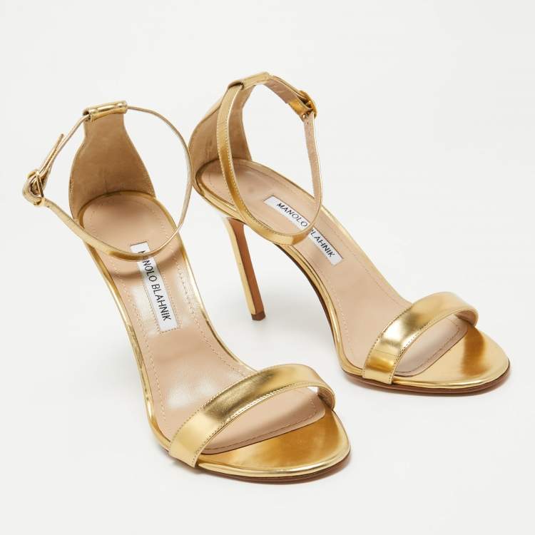 Pre Owned Manolo Blahnik Gold Leather Ankle Strap Sandals Size  40