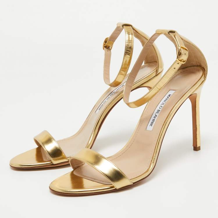 Pre Owned Manolo Blahnik Gold Leather Ankle Strap Sandals Size  40