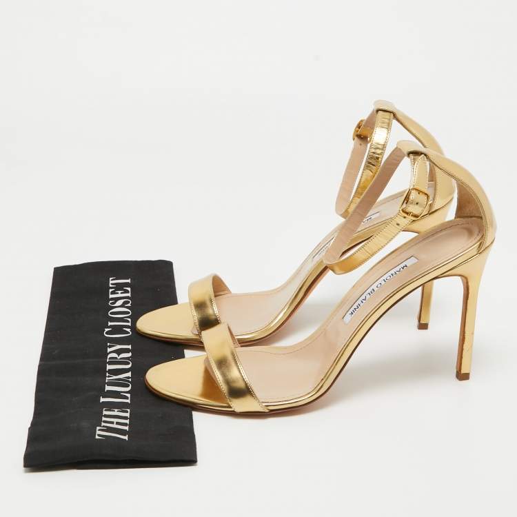 Pre Owned Manolo Blahnik Gold Leather Ankle Strap Sandals Size  40