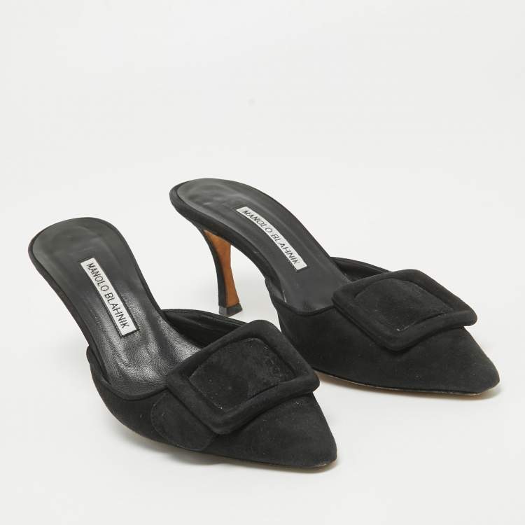 Pre Owned Manolo Blahnik Black Suede Maysale Mules Size 38.5